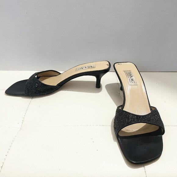 Vintage Isaac Mizrahi Black Open-Toe Mules Heels with Glitter Detail | Size 10B - Picture 3 of 14